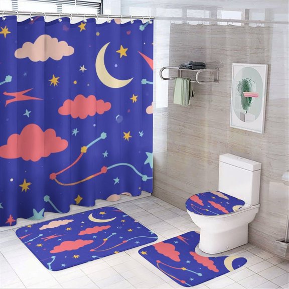 Cute Night Sky Pattern Shower Curtain Waterproof Bathroom Curtain Set with Hooks Home Decor Bathroom Curtains 4pcs