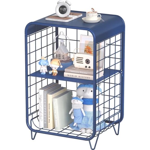Cute Nightstand,Metal Side Table,3-Tier Modern End Table with Storage Shelf, Unique Side Tables, Cute Coffee Table for Living Room, Small Table for Bedroom,Navy Blue