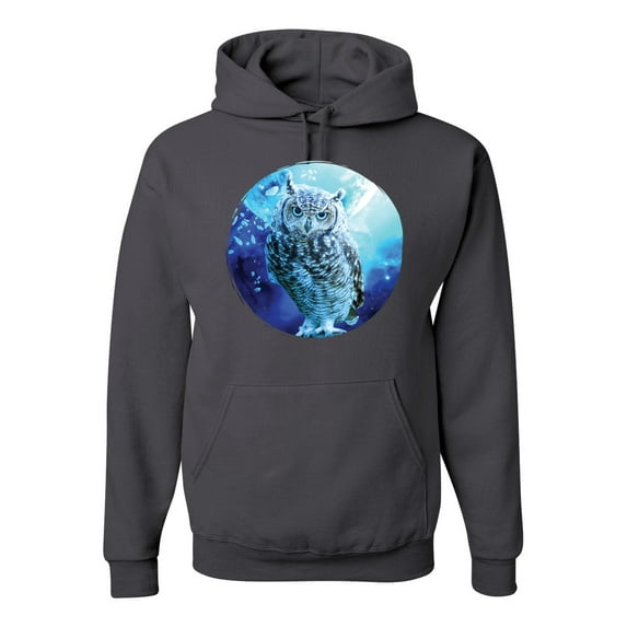 Cute Nocturnal Snow Owl Winter Fashion Graphic Hoodie Sweatshirt, Charcoal, X-Large