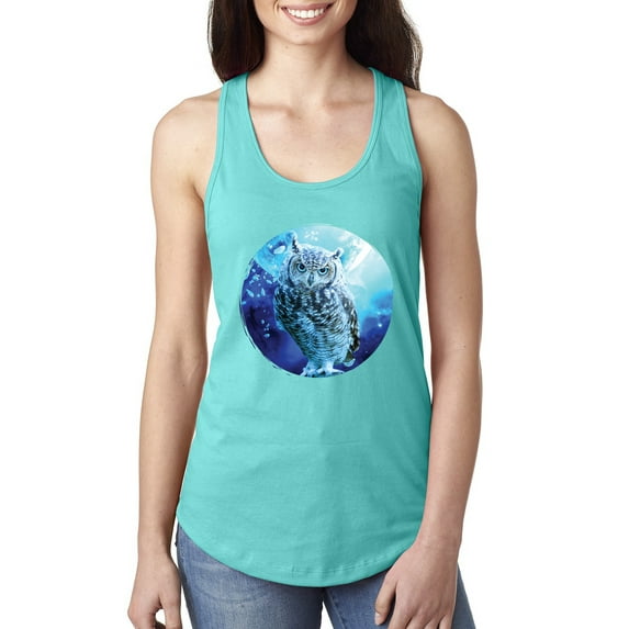 Cute Nocturnal Snow Owl Winter Fashion Ladies Racerback Tank Top, Tahiti Blue, Medium