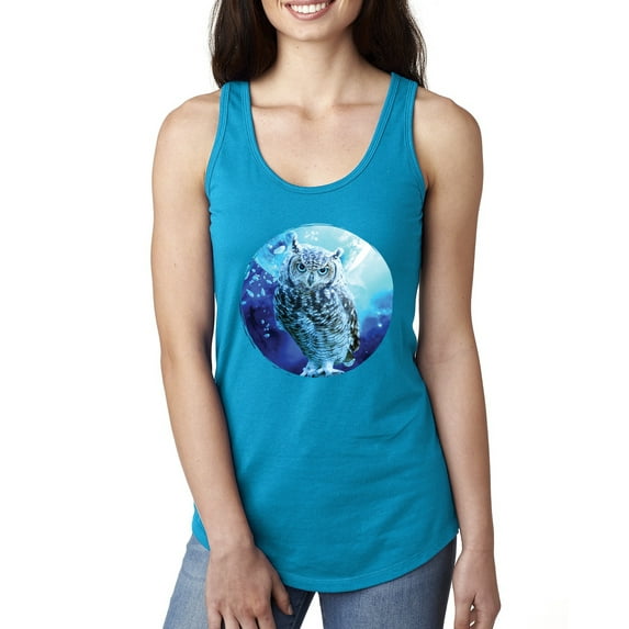 Cute Nocturnal Snow Owl Winter Fashion Ladies Racerback Tank Top, Turquoise, Large
