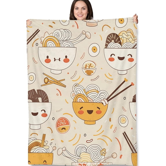 Cute Noodle Bowl Blanket, Adorable Kawaii Ramen Noodles with Eggs and Chopsticks Throw, Cozy and Soft Lightweight Blanket, Ideal for Bedroom, Living Room Gifts, 40x50 in,Decor