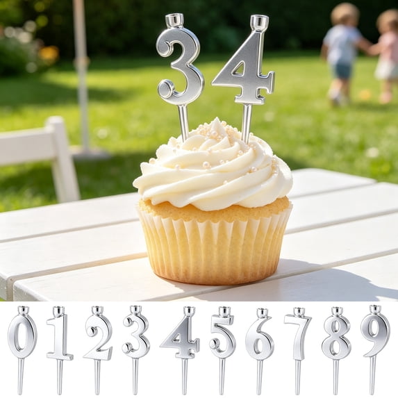 Cute Number Birthday Candle Holder Set, Reusable Silver Digital Cake Topper Decorations 0-9 Adjustable Birthday Cake Candle Stand for Party Anniversary