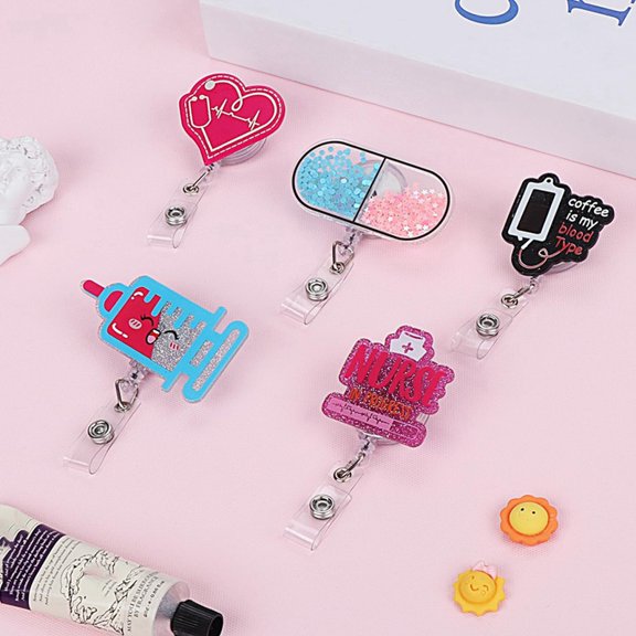 Cute Nurse Badge Reel Retractable-ID Badge Holder with Clip-5 PCs Acrylic Badge Reel with Alligator Clip