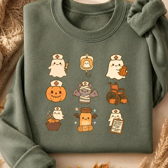 Cute Nurse Ghosts and Medical Halloween Graphic Crewneck Sweatshirt, Unisex Fit