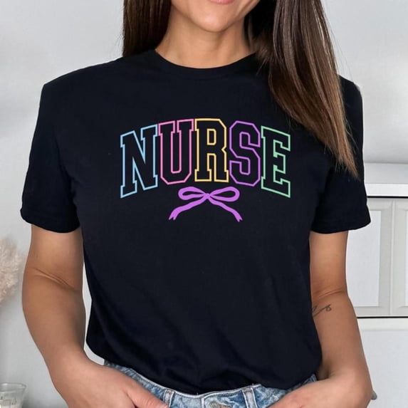 Cute Nurse - Themed Graphic Tee, Tops Has "NURSE" Text with Bow Design, Round Neck Regular Fit T - shirts, Size(S - 5XL)