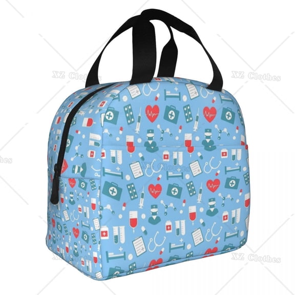 Cute Nursing Pattern Nurse Insulated Cooler Lunch Bag Reusable Portable Lunch Box for Men Women Picnic Trip Beach Outdoor