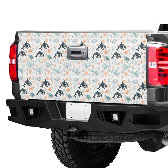 Cute Ocean Animals Tailgate Wrap – Dolphin, Whale, Turtle & Starfish Pattern Truck Tailgate Decal, Marine Sea Life Pickup Tailgate Graphic