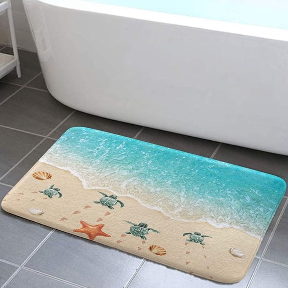 Cute Ocean Bath Mat, Turtle Starfish Beach Teal Blue Bathroom Rugs, Absorbent Bath Rug Floor Rug Carpet for Bathroom Bedroom Living Room, 19X31in