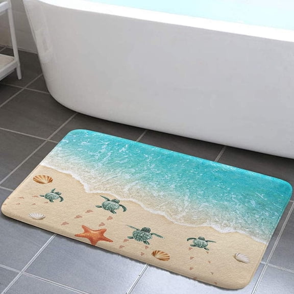Cute Ocean Bath Mat, Turtle Starfish Beach Teal Blue Bathroom Rugs, Absorbent Bath Rug Floor Rug Carpet for Bathroom Bedroom Living Room, 19X31in