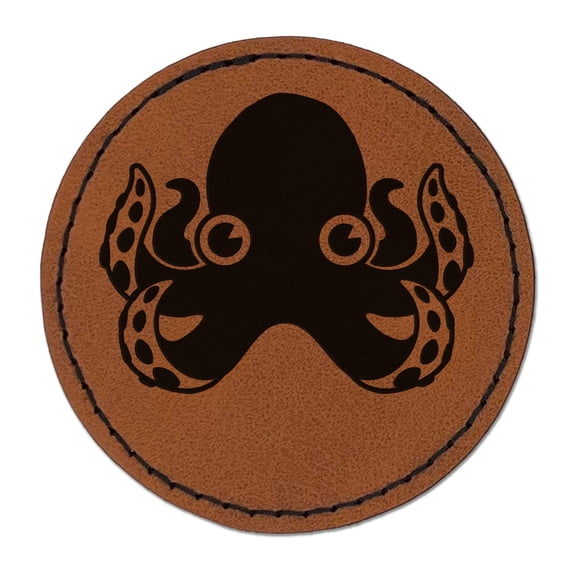 Cute Octopus 2.5" Faux Leather Round Engraved Iron-On Patch - Brown
