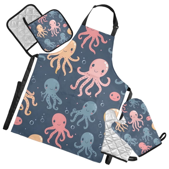 Cute Octopus 5 Pcs Kitchen Set Heat Resistant Oven Mitts and Non-Slip Pot Holders with Adjustable Cooking Apron