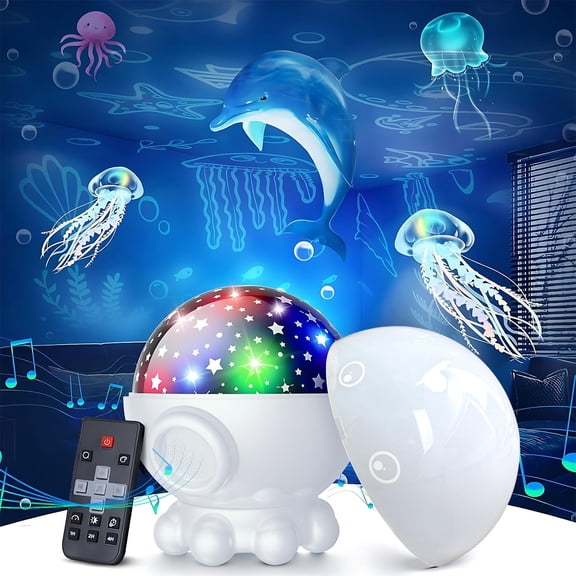Cute Octopus Night Light Projector with 17 Light Modes, 360 Rotation, 3 Projection Films and 9 Lullaby Songs, Includes Remote and Timer, Gift for Family and Friends (White)