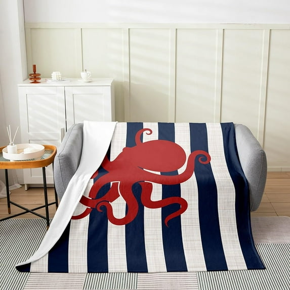 Cute Octopus Throw Blanket Lovely Cartoon Red Wild Sealife Fleece Blanket for Kids Teens Adults Navy Blue White Stripes Ocean Themed Flannel Blanket for Living Room Bed Throw 50x60