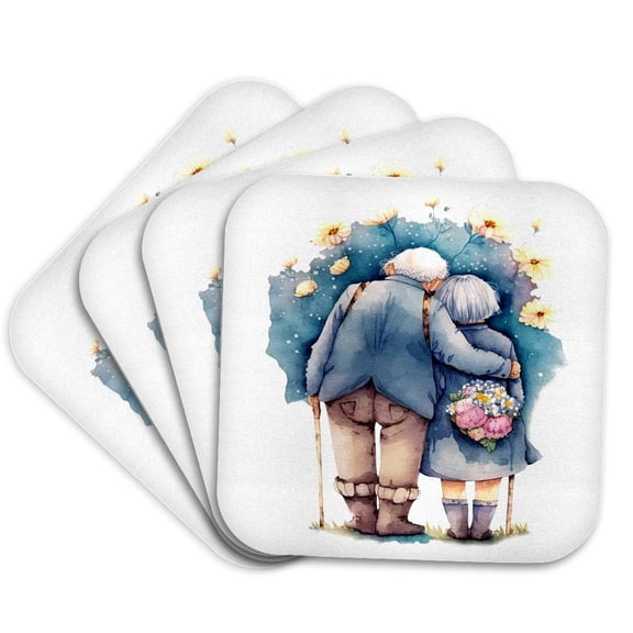 3drose, Cute Old Couple with His Arm Around Her Illustration, Set of 4 Coasters - Soft