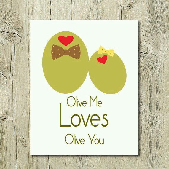 Cute Olive Love Greeting Card – "Olive Me Loves Olive You" Design – Perfect for Anniversaries, Weddings, or Valentine's Day – Blank Inside, Envelope Included