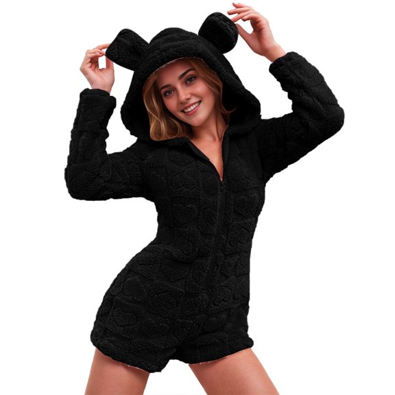 Cute One-Piece Hooded Jumpsuit Pajamas New Women's Bear Onesie Sleepwear Cute Fuzzy Zip up Winter Long Sleeve Hooded Sleep Romper Jumpsuits Rompers for Women Pants Black XXL New