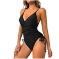 thumbnail image 1 of Cute One-Piece Swimsuit Women's Ruched One Piece Swimsuit Tummy Bathing Suit Monokini Tie Side High Cut One Piece Swimsuits Swimwear V Neck Swim Suits Black S, 1 of 5