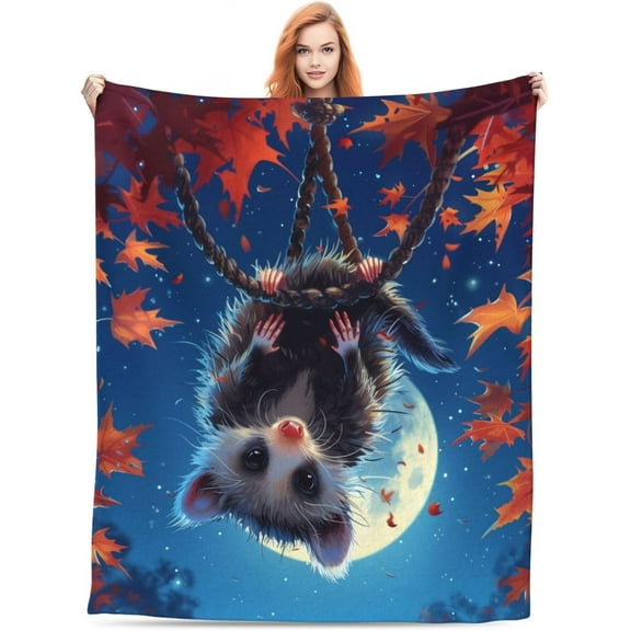 Cute Opossum Blanket, Opossum Gifts for Women Adults, Lightweight Soft Animal Moonlight Opossum Theme Throw Blankets for Bed Sofa Living Room Decor 60x50