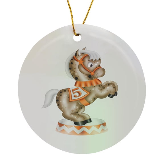 3drose, Cute Orange and Beige Bokeh Carousel Horse, Circle Porcelain Ornament