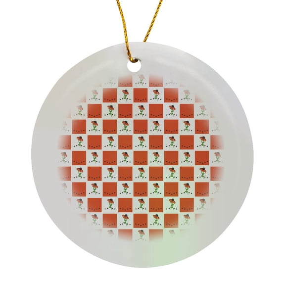 3drose, Cute Orange and White Flower and Dots Checkerboard Pattern, Circle Porcelain Ornament