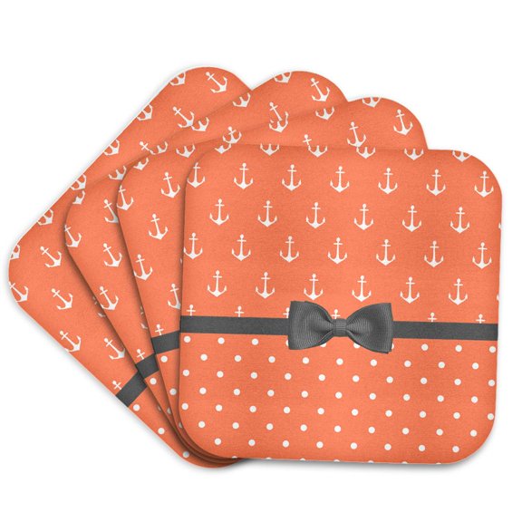3drose, Cute Orange and White Polka Dots and Sailing Anchors with a Bow, Set of 4 Coasters - Soft