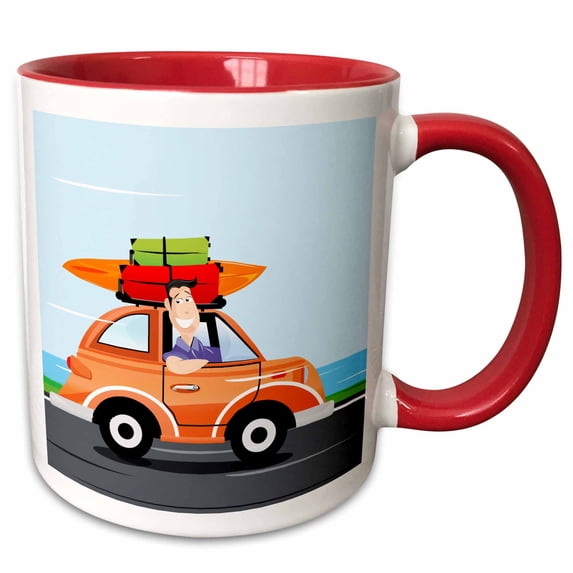 3drose, Cute Orange Car with Luggage and a Surf Board on Top and a Man Hanging Out the Window, 11oz Two-tone Red Mug