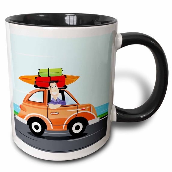 3drose, Cute Orange Car with Luggage and a Surf Board on Top and a Man Hanging Out the Window, 15oz Two-tone Black Mug