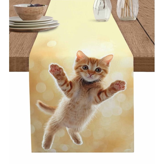 Cute Orange Cat Burlap Cotton Table Runner 13x36 Inches Short, Lovely Modern Floating Pet Kitten Farmhouse Table Runners, Outdoor Dining Tablecloths Decor for Baby Shower/Party/Wedding