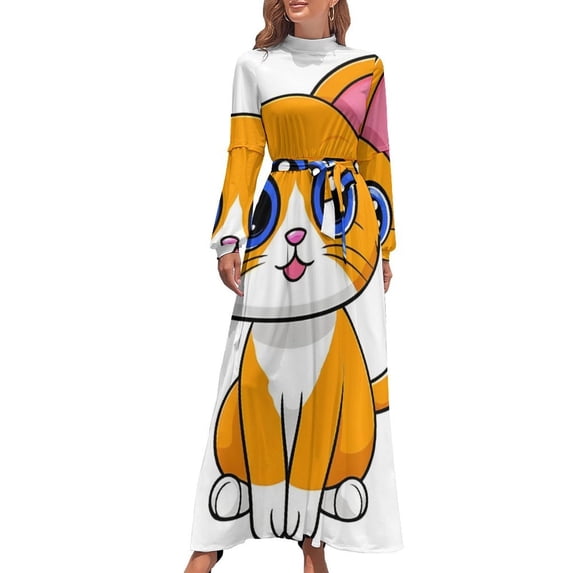 Cute Orange Cat Cartoon Women's Long Dress Long Sleeves Dress Vintage Dresses Party Maxi Dress High Waist Dress