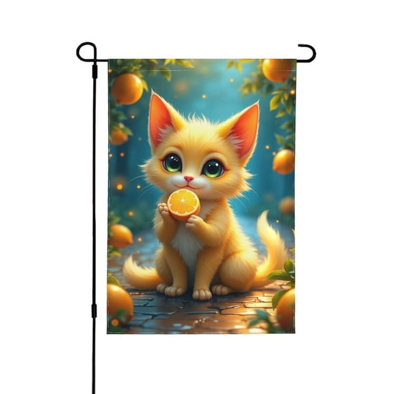 Cute Orange Cat Holding Orange Slice Garden Flag 12x18 Inch Double Sided Adorable Cartoon Animal Outdoor Yard Decoration For Porch, Lawn & Patio, Spring Summer Decor