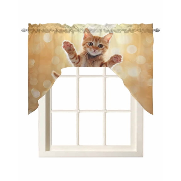 Cute Orange Cat Kitchen Curtains Swag Valance for Windows/Bathroom/Cafe, Lovely Modern Floating Pet Kitten Rod Pocket Drape Panel Swag Curtain Valance for Bedroom/Living Room 55''x36''