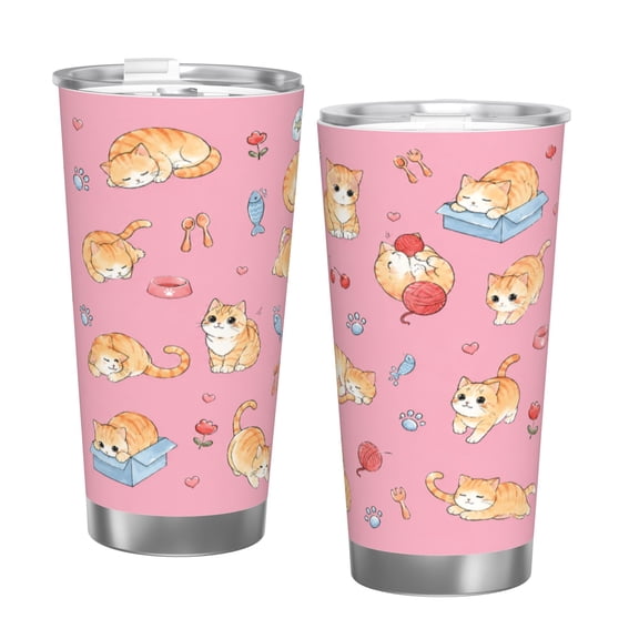 Cute Orange Cat Pattern 20oz Car Tumbler Insulated Travel Cup with Handle and Straw Stainless Steel Vacuum Coffee Cup Cat Lover Gift Thermal Travel Cup with Single Silver Rim