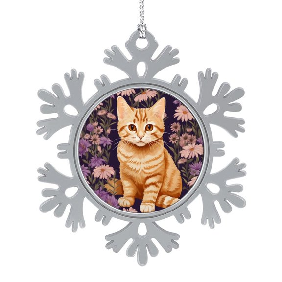 Cute Orange Cat Sitting in Purple Flowers Metal Christmas Ornament Cat And Watercolor Flower Decorative Hanging Ornaments Xmas Tree Decorations Gifts Keepsake for Family Xmas Ornament 3"
