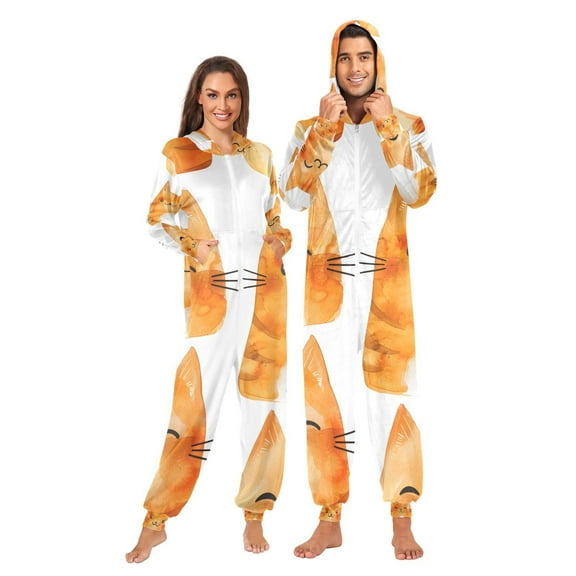 Cute Orange Cats Adult Onesie Pajamas Slim Fit Christmas One Piece Suit Pjs for Women and Men Hooded Zipper