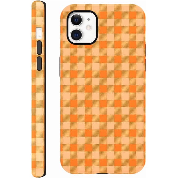 Cute Orange Checkered Phone Case for iPhone 11 Case 6.1", Aesthetic Trendy Gingham Grid Pattern Design 2-in-1 Matte Cover Shockproof Slim Soft TPU Hard PC Protection Girls Women Funda