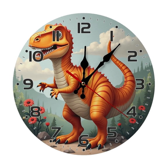 Cute Orange Dinosaurs Wall Clock 10 Inch Silent Non Ticking Round Wooden Clock Decoration for Living Room Kitchen Bedroom Bathroom Office Classroom
