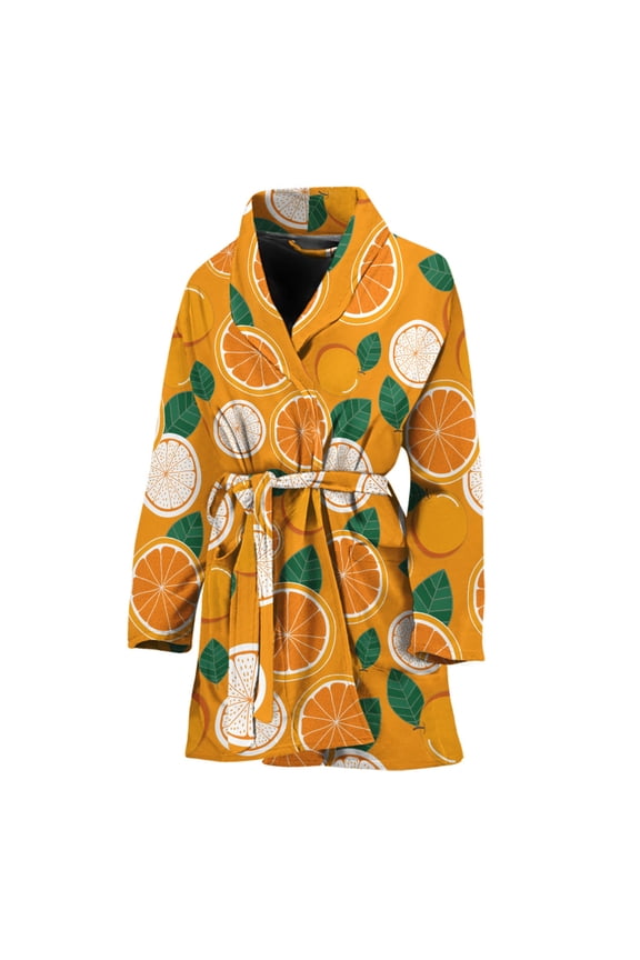 Cute Orange Fruit Pattern Women Bathrobe One Size Univeral Fits, Fruits Fashion Lightweight Plush Fleece Long Robe For Women