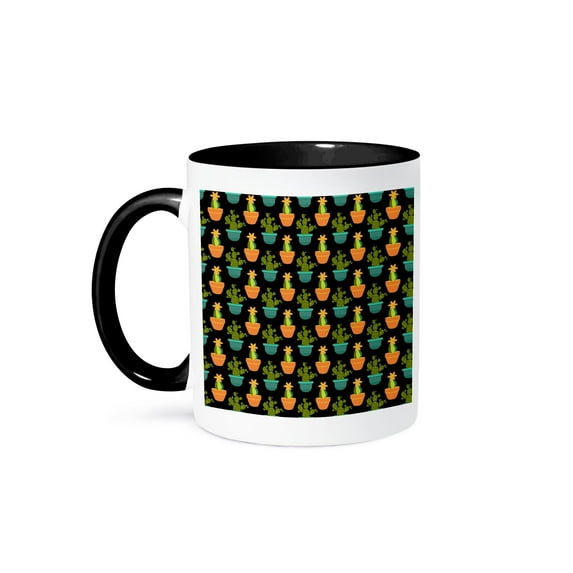 3dRose, Cute Orange, Green, and Aqua Potted Cactus Pattern, 15oz Two-Tone Black Mug