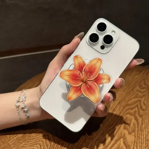Cute Orange Lily Flower MagSafe Phone Grip  Magnetic Pop Socket & Kickstand  Floral Phone Accessory