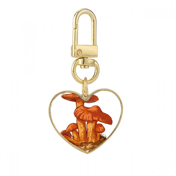 Cute Orange Mushroom Creature Illustration Gold Heart Keychain Metal Keyring Holder