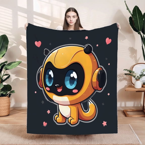 Cute Orange Robot Blanket - Soft Flannel Cozy for Sofa & Travel Adorned with Hearts & Stars Perfect for Bed & Chair