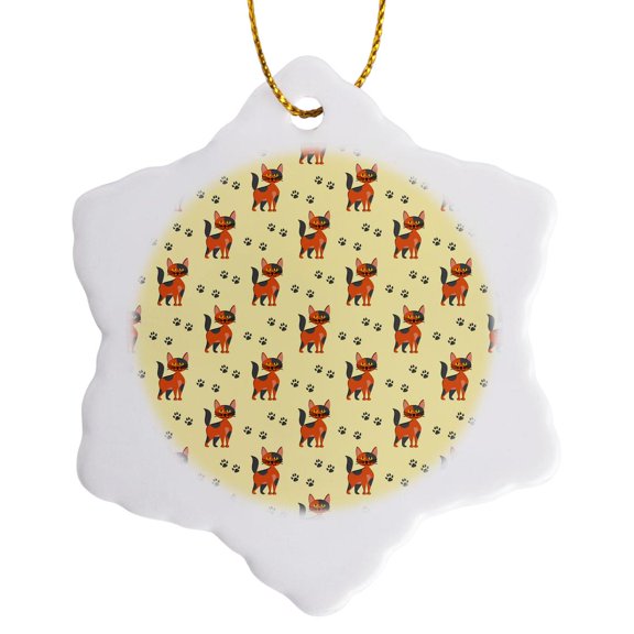 3drose, Cute Orange Tabby Cats and Paws Pattern, 3 inch Snowflake Porcelain Ornament