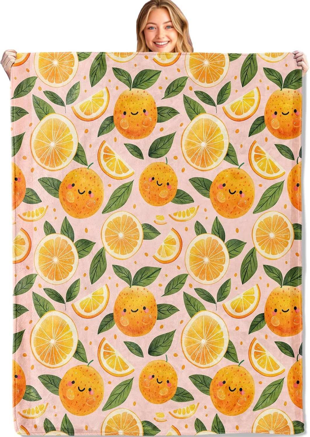 Cute Orange Throw Blanket - 60x80in,Ultra Soft, Cozy Lightweight Flannel,Smiling Oranges and Citrus Blankets - Gifts for Kids & Fruit Lovers,for Couch Office Travel,Home Living Room Decor