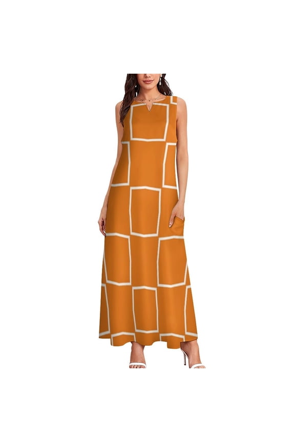 Cute Orange and White Geometric Pattern Long Dress elegant chic women dresses promotion Woman clothes summer dresses women