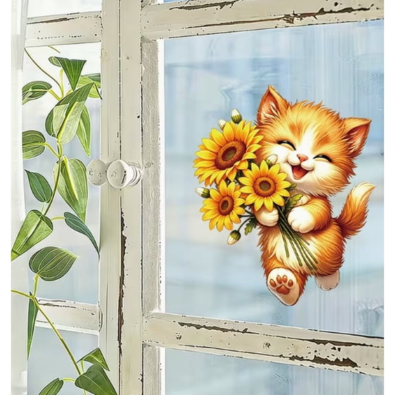 Cute Orange and White Kitten Window Sticker - Rustic Flower Decal for Home and Car Decoration