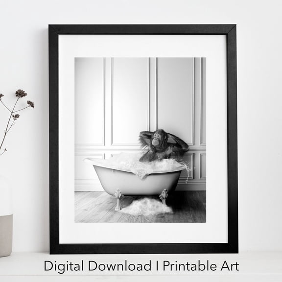 Cute Orangutan in Tub Photo Bathroom Art Print Version 2, Stretched Canvas 16x20in