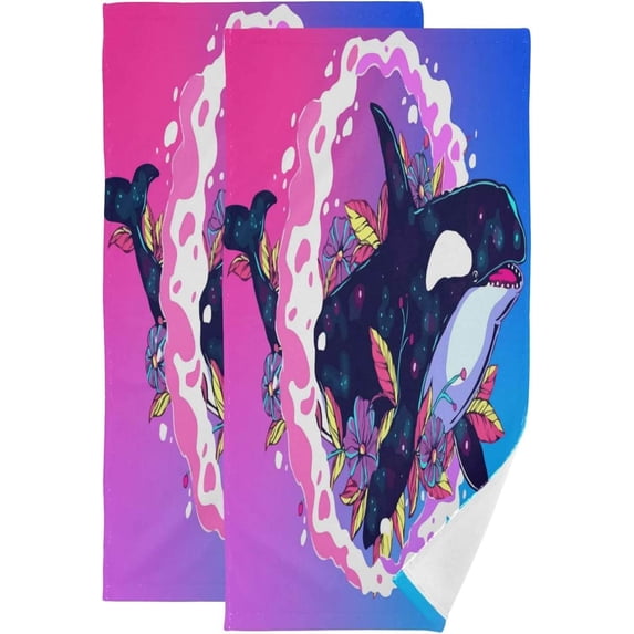 Cute Orca Whale Hand Towels, Pink Wave Kitchen Towel Ultra Soft and Absorbent,Decorative Fingertip Face Towel for Bathroom Hotel, 2 PCS, 28.3"x 14.4"