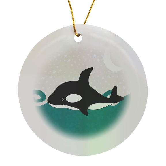 Cute Orca Whale In The Ocean At Night , Circle Porcelain Ornament