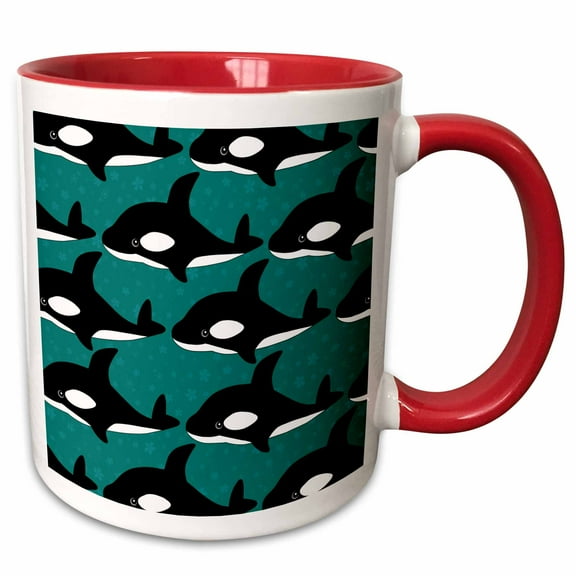 3drose, Cute Orca Whales on the Waves Print, 11oz Two-tone Red Mug